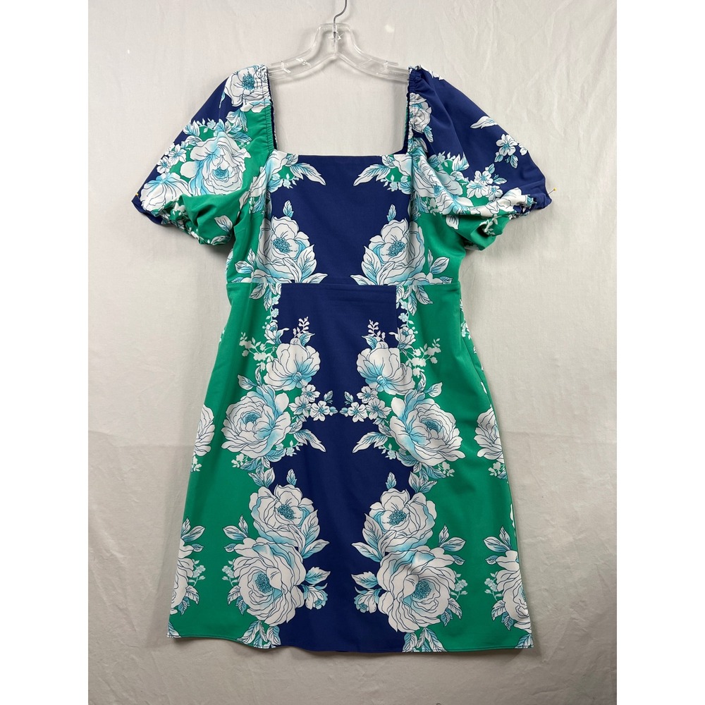 Maia Floral Puff Sleeve Dress Womens 12 Blue Green Square Neck Smocked Mini